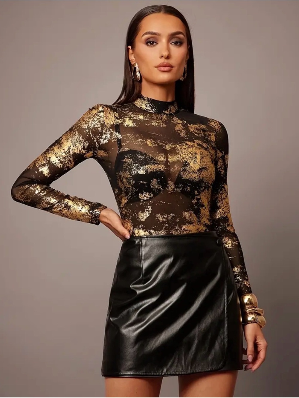 Sheer Long-Sleeve Top with Brocade Metallic Gold Foil - Women Large